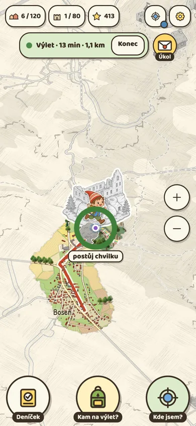 Mapa s trasou výletu a Pastelíkem u hradu Valečov: postůj chvilku a místo se zapíše